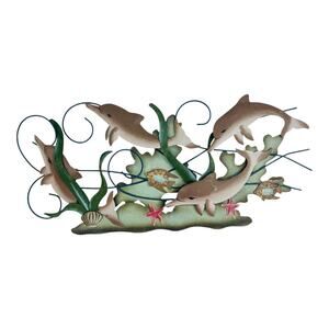 Metal Dolphin Fish Wall Art Large 13x29” Nautical Sea Fish Family Decor Vtg